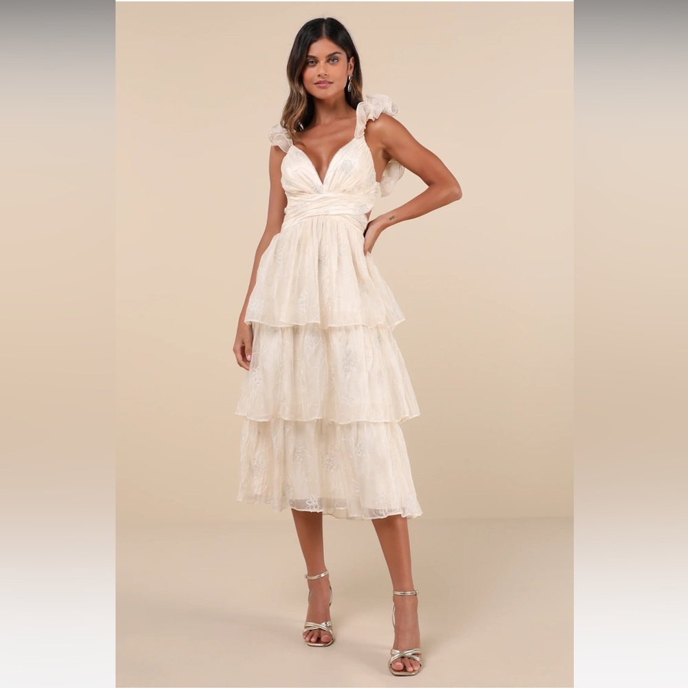 NWT: Lulus Whimsical Aura Champagne Embroidered Ruffled Lace-Up Maxi Dress
